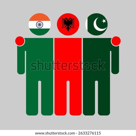 Flat illustration of three human figures with India, Albania, and Pakistan flags as heads. Minimalistic design, isolated background.