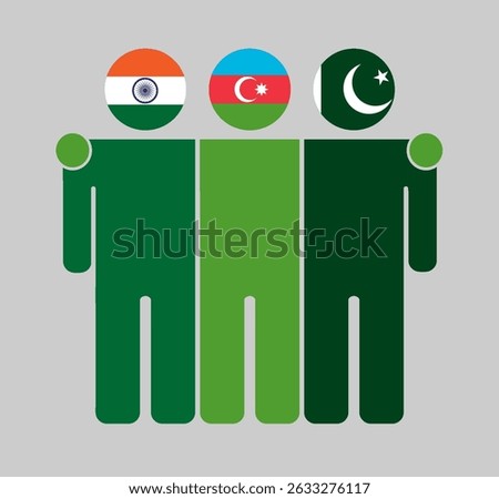Flat illustration of three human figures with India, Azerbaijan, and Pakistan flags as heads. Minimalistic design, isolated background.