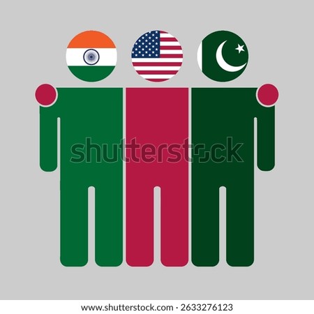 Flat illustration of three human figures with India, USA, and Pakistan flags as heads. Minimalistic design, isolated background.