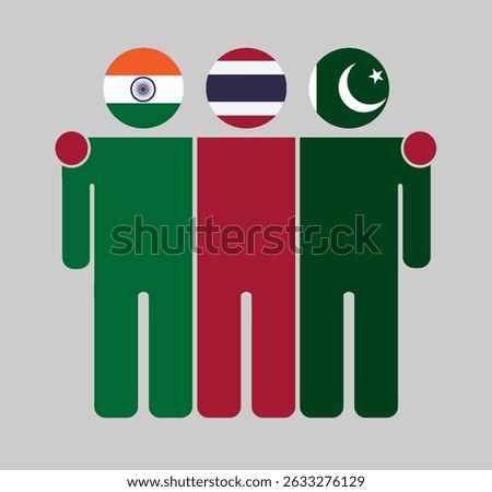 Flat illustration of three human figures with India, Thailand, and Pakistan flags as heads. Minimalistic design, isolated background.