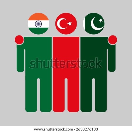 Flat illustration of three human figures with India, Turkey, and Pakistan flags as heads. Minimalistic design, isolated background.