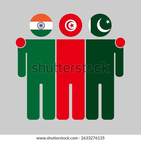 Flat illustration of three human figures with India, Tunisia, and Pakistan flags as heads. Minimalistic design, isolated background.