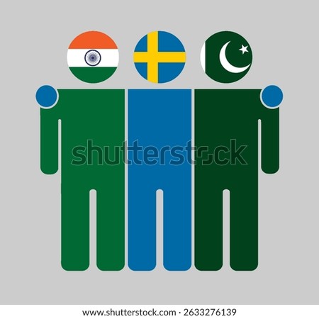 Flat illustration of three human figures with India, Sweden, and Pakistan flags as heads. Minimalistic design, isolated background.