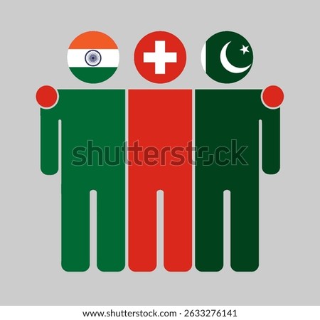 Flat illustration of three human figures with India, Switzerland, and Pakistan flags as heads. Minimalistic design, isolated background.