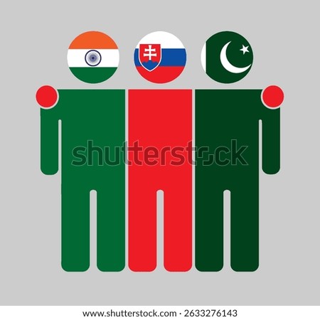Flat illustration of three human figures with India, Slovakia, and Pakistan flags as heads. Minimalistic design, isolated background.