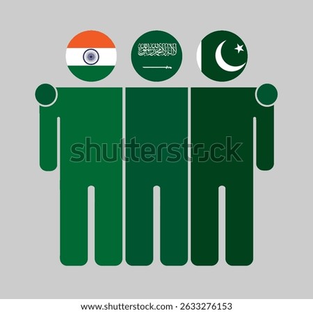 Flat illustration of three human figures with India, Saudi Arabia, and Pakistan flags as heads. Minimalistic design, isolated background.