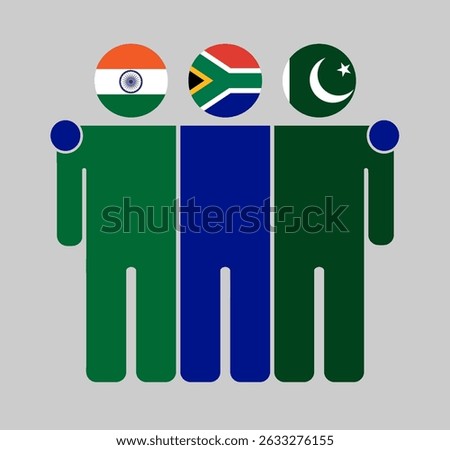 Flat illustration of three human figures with India, South Africa, and Pakistan flags as heads. Minimalistic design, isolated background.