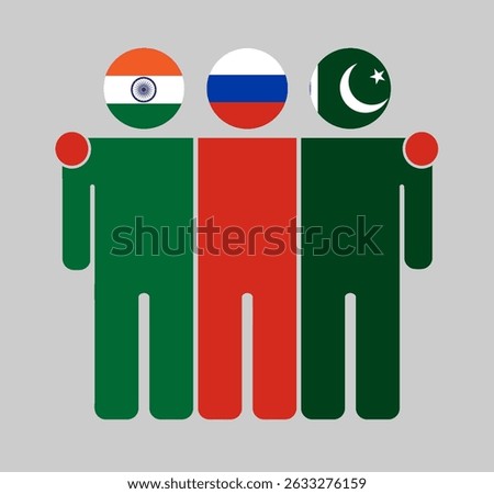 Flat illustration of three human figures with India, Russia, and Pakistan flags as heads. Minimalistic design, isolated background.