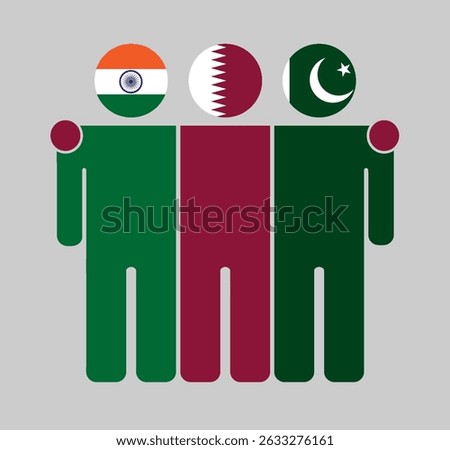 Flat illustration of three human figures with India, Qatar, and Pakistan flags as heads. Minimalistic design, isolated background.