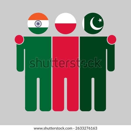 Flat illustration of three human figures with India, Poland, and Pakistan flags as heads. Minimalistic design, isolated background.