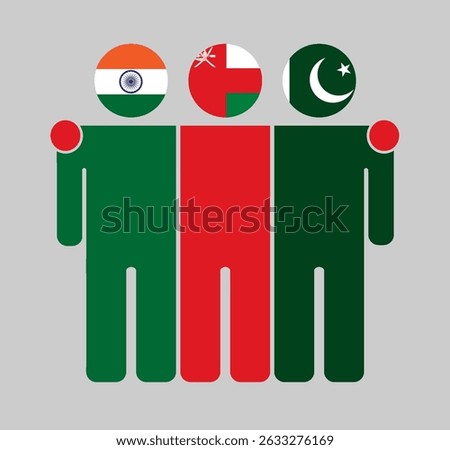 Flat illustration of three human figures with India, Oman, and Pakistan flags as heads. Minimalistic design, isolated background.