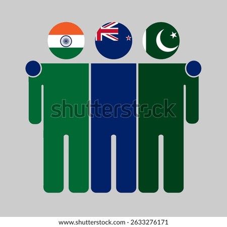 Flat illustration of three human figures with India, New Zealand, and Pakistan flags as heads. Minimalistic design, isolated background.