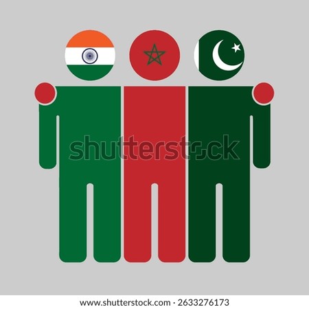 Flat illustration of three human figures with India, Morocco, and Pakistan flags as heads. Minimalistic design, isolated background.