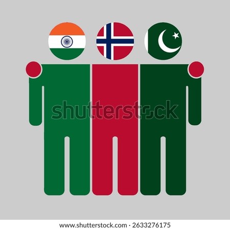 Flat illustration of three human figures with India, Norway, and Pakistan flags as heads. Minimalistic design, isolated background.