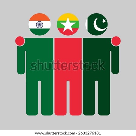 Flat illustration of three human figures with India, Myanmar, and Pakistan flags as heads. Minimalistic design, isolated background.
