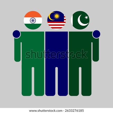 Flat illustration of three human figures with India, Malaysia, and Pakistan flags as heads. Minimalistic design, isolated background.