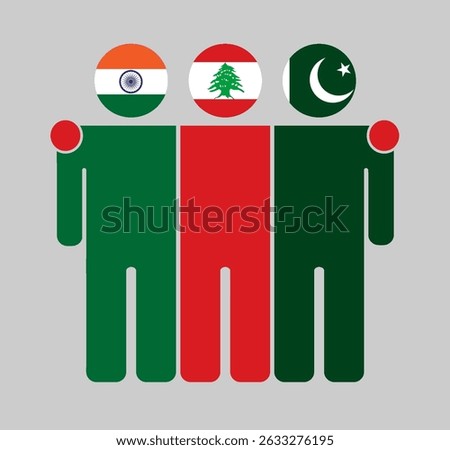 Flat illustration of three human figures with India, Lebanon, and Pakistan flags as heads. Minimalistic design, isolated background.