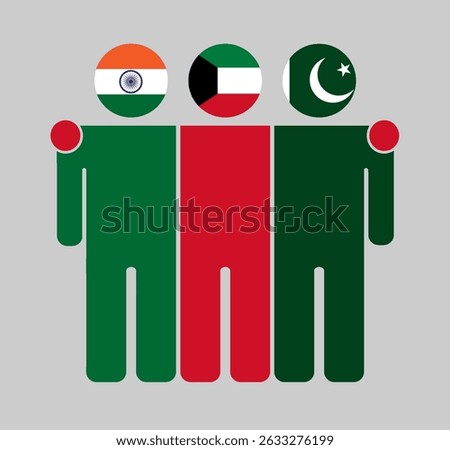 Flat illustration of three human figures with India, Kuwait, and Pakistan flags as heads. Minimalistic design, isolated background.