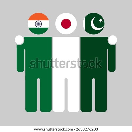 Flat illustration of three human figures with India, Japan, and Pakistan flags as heads. Minimalistic design, isolated background.