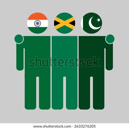 Flat illustration of three human figures with India, Jamaica, and Pakistan flags as heads. Minimalistic design, isolated background.