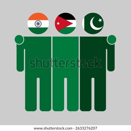Flat illustration of three human figures with India, Jordan, and Pakistan flags as heads. Minimalistic design, isolated background.