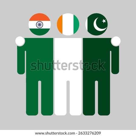 Flat illustration of three human figures with India, Ivory Coast, and Pakistan flags as heads. Minimalistic design, isolated background.