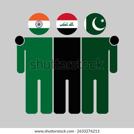 Flat illustration of three human figures with India, Iraq, and Pakistan flags as heads. Minimalistic design, isolated background.