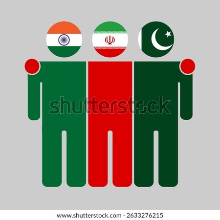 Flat illustration of three human figures with India, Iran, and Pakistan flags as heads. Minimalistic design, isolated background.
