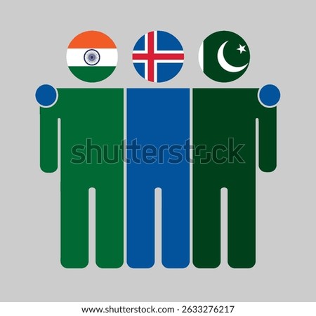 Flat illustration of three human figures with India, Iceland, and Pakistan flags as heads. Minimalistic design, isolated background.