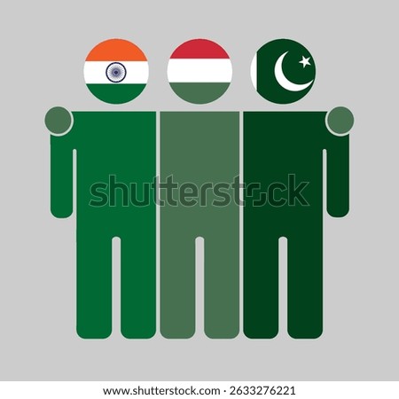 Flat illustration of three human figures with India, Hungary, and Pakistan flags as heads. Minimalistic design, isolated background.