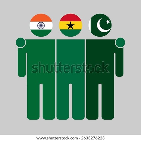 Flat illustration of three human figures with India, Ghana, and Pakistan flags as heads. Minimalistic design, isolated background.