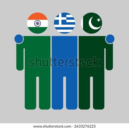 Flat illustration of three human figures with India, Greece, and Pakistan flags as heads. Minimalistic design, isolated background.