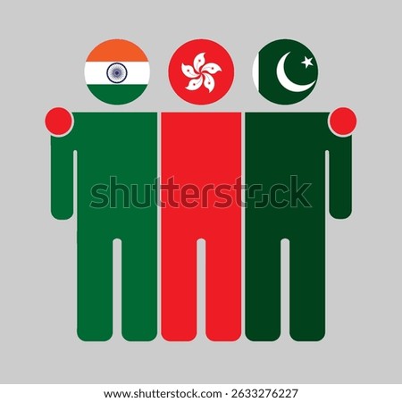 Flat illustration of three human figures with India, Hong Kong, and Pakistan flags as heads. Minimalistic design, isolated background.