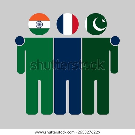 Flat illustration of three human figures with India, France, and Pakistan flags as heads. Minimalistic design, isolated background.