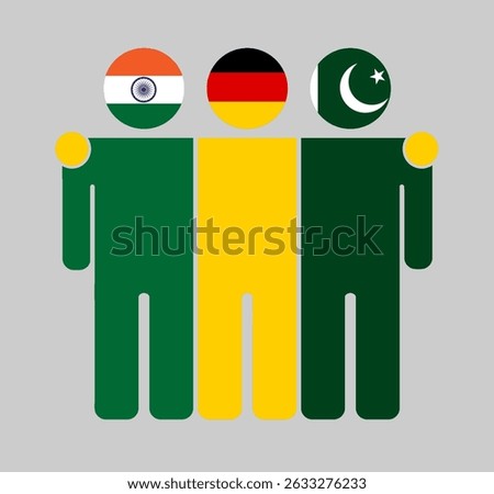 Flat illustration of three human figures with India, Germany, and Pakistan flags as heads. Minimalistic design, isolated background.