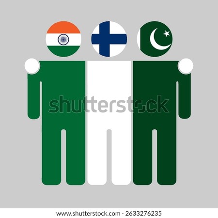Flat illustration of three human figures with India, Finland, and Pakistan flags as heads. Minimalistic design, isolated background.