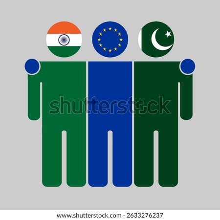 Flat illustration of three human figures with India, EU, and Pakistan flags as heads. Minimalistic design, isolated background.