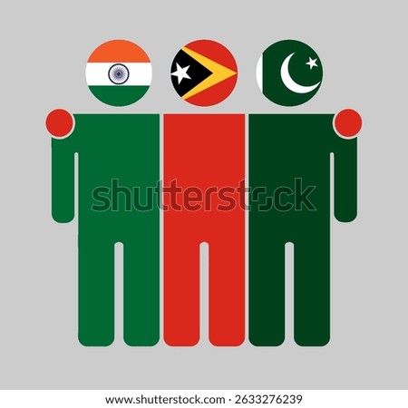Flat illustration of three human figures with India, Timor Leste, and Pakistan flags as heads. Minimalistic design, isolated background.