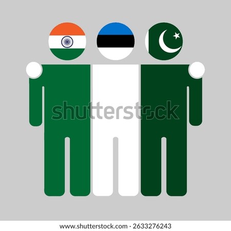 Flat illustration of three human figures with India, Estonia, and Pakistan flags as heads. Minimalistic design, isolated background.