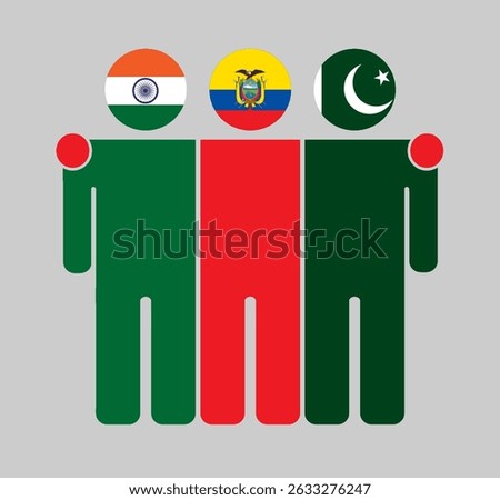 Flat illustration of three human figures with India, Ecuador, and Pakistan flags as heads. Minimalistic design, isolated background.