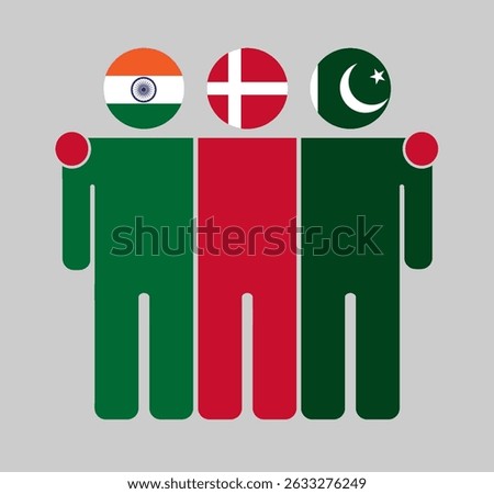 Flat illustration of three human figures with India, Denmark, and Pakistan flags as heads. Minimalistic design, isolated background.