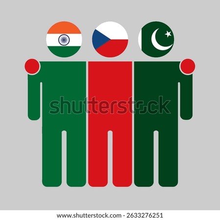 Flat illustration of three human figures with India, Czech Republic, and Pakistan flags as heads. Minimalistic design, isolated background.