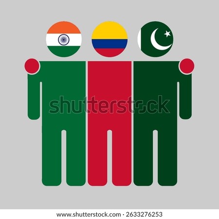 Flat illustration of three human figures with India, Colombia, and Pakistan flags as heads. Minimalistic design, isolated background.