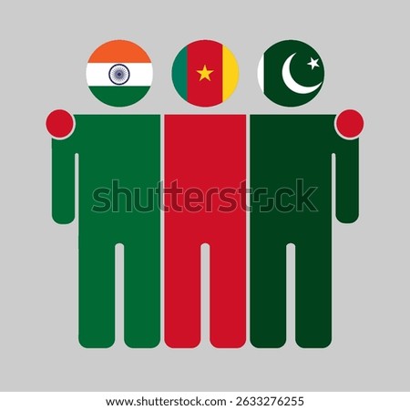 Flat illustration of three human figures with India, Cameroon, and Pakistan flags as heads. Minimalistic design, isolated background.