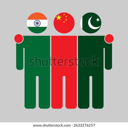 Flat illustration of three human figures with India, China, and Pakistan flags as heads. Minimalistic design, isolated background.
