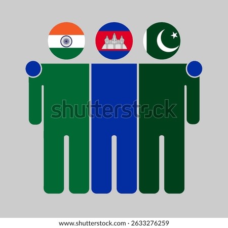 Flat illustration of three human figures with India, Cambodia, and Pakistan flags as heads. Minimalistic design, isolated background.