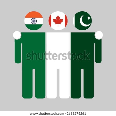 Flat illustration of three human figures with India, Canada, and Pakistan flags as heads. Minimalistic design, isolated background.