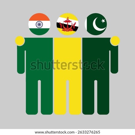 Flat illustration of three human figures with India, Brunei Darussalam, and Pakistan flags as heads. Minimalistic design, isolated background.
