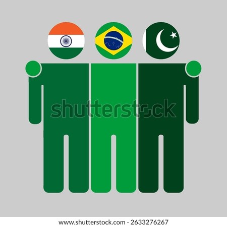 Flat illustration of three human figures with India, Brazil, and Pakistan flags as heads. Minimalistic design, isolated background.
