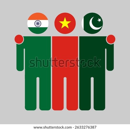 Flat illustration of three human figures with India, Vietnam, and Pakistan flags as heads. Minimalistic design, isolated background.